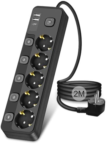 Steckdosenleiste einzeln Schaltbar 2M Kabel, 5 Fach Mehrfachsteckdose mit 2 USB-A und 1 USB C, Steckdosenverteiler mehrfachstecker Steckdosenleiste üiberspannungsschutz für Heim Büro, Schwarz