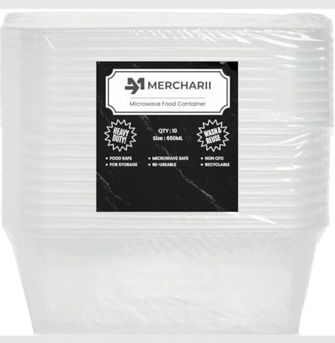 MERCHARII 10 × 650ml Plastic food containers with lids, Microwave, and freezer-safe, Heavy-duty, Rectangular, BPA-free, Reusable and Recyclable (650ml)