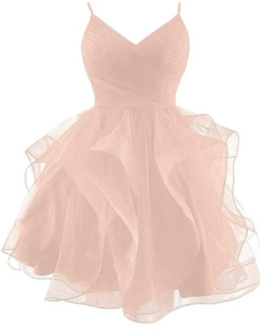Robes courtes de retour à la maison en tulle pailleté avec bretelles spaghetti pour adolescentes - Mini robes de cocktail à volants bouffants et à plusieurs niveaux pour soirée de bal, rose poudré, 38