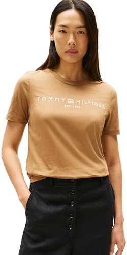 Tommy Hilfiger Donna T-Shirt Maniche Corte Logo Scollo Rotondo, Marrone (Hickory), L
