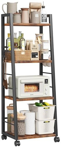 4-stöckiger Küchenwagen mit feststellbaren Rädern und 6 Haken, mobiler Organizer für kleine Räume, Barwagen für Küche und Wohnzimmer, rustikales Braun