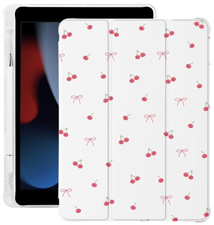 Cute Kawaii Cherry Bow for iPad mini 7 A17 Pro 2024/iPad Mini 6 Case with Pencil Holder, Auto Sleep/Wake, Leather Soft TPU Back Cover