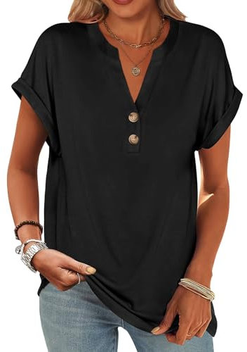 Zeagoo Ladies Tops Women's Summer Cotton Cap Sleeve T-Shirt Button V Neck Tops Solid Plain Casual Shirts Blouse Black XXL