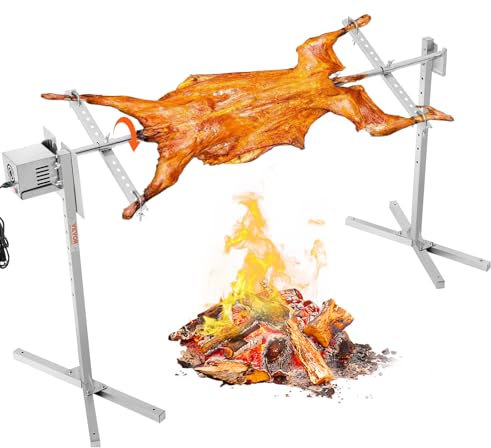 VEVOR Barbecue Rôtissoire 144,5 cm, Kit de Rôtisserie Électrique Charge 60 kg, Tournebroche Électrique Moteur Automatique 52 W, en Inox, Hauteur Réglable, avec Bouclier Thermique, pour Agneau Porcelet