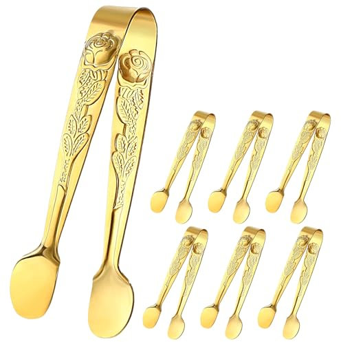YUXIANLB 6 PCS Mini Gold Serving Tongs, 4 Inch Rose Stainless Steel Sugar Cube Tongs, Small Appetizer Tongs Ice Tongs for Coffee and Tea Party