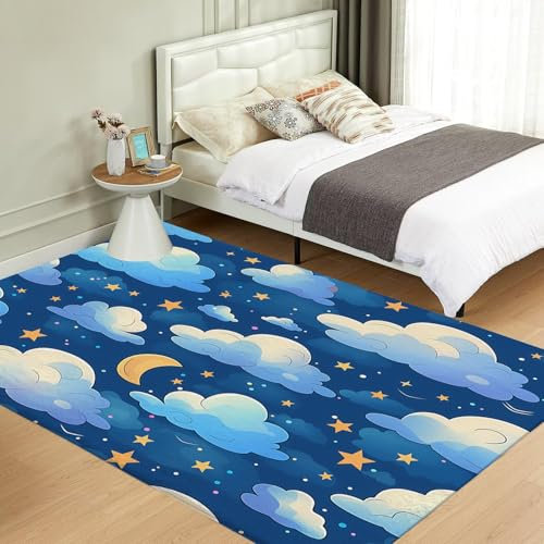 NAWVNMI Kinderzimmerteppich Antirutsch - Waschbar bis 30 Grad - Blau - Kurzflor Kinderteppich Teppich für Kinderzimmer - Wolken Sterne - Teppiche Junge Mädchen 200 x 300 cm