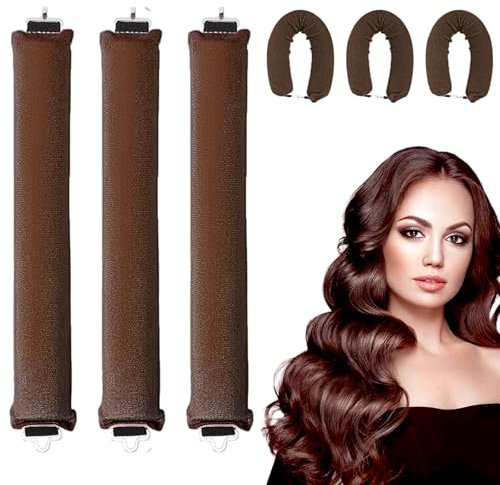 KEYRI 3 Stück Hitzefreier Lockenwickler, Lockenwickler Über Nacht mit Haken Lockenwickler zum Ausschlafen DIY Haare Locken Ohne Hitze Frisurenset Samt Lockenwickler für Langes Haar (Braun)