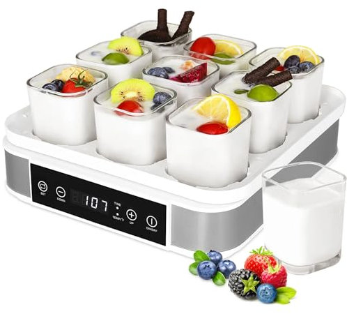 Yaourtière numérique avec contrôle de la température et du temps, hauteur de 14,5 cm, 9 bocaux en verre de 1,474 g, yaourtière en acier inoxydable, pour faire des desserts frais et faits maison