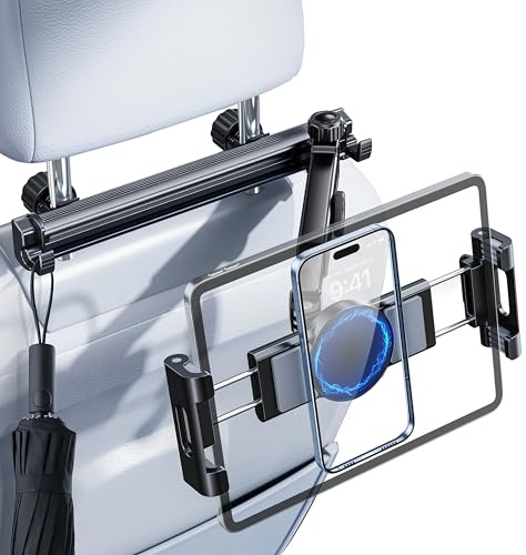 Car Headrest Tablet Holder Mount,3 in 1 iPad Holders Back Seat for Kids[2 Hooks+Magnetic]Adjustable Phone Stand for Cars Seat,with i Pad Pro Air Mini/Amazon Fire/iPhone,4.7-13Devices