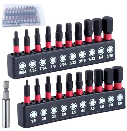 LEONTOOL 20-teiliges Sechskantkopf-Inbusschlüssel-Bohrer-Set mit 1/4-Zoll-Bithalter, metrisch und SAE, magnetisch, Sechskantschaft, Bohrer-Set mit Aufbewahrungsbox, S2-Stahllegierung, 2,5 cm lang
