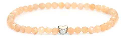 LAKADA Echtes Sonnenstein Edelstein Armband mit facettierten 4mm Perlen und Edelstahlherz Heilstein Schutzstein Edelsteinarmband Glücksbringer Talisman Geschenk (Sonnenstein, 15CM, S)