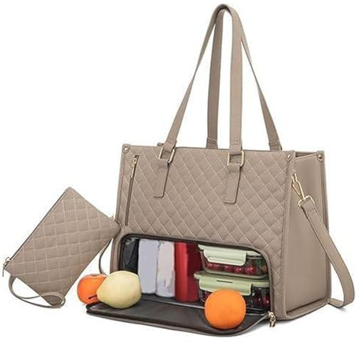 HoldOneLight Lunch 2 in 1 Tote Bag for Women, 15.6 Inch Laptop Bag with Insulated Lunch Compartment, Quilted Large Capacity Computer Handbag with Purse (Beige)