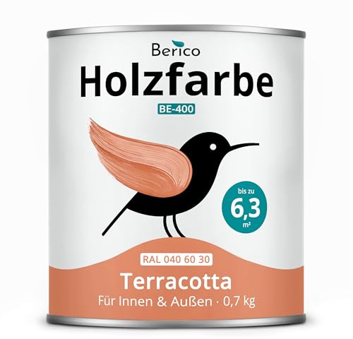 Berico Holzfarbe 0,7 Kg - 4in1 Premium Holzlack - RAL 0406030 Terracotta | Robuster Holz- & Wetterschutz inkl. Grundierung, für Innen & Außen, schnelle Trocknung, hohe Deckkraft