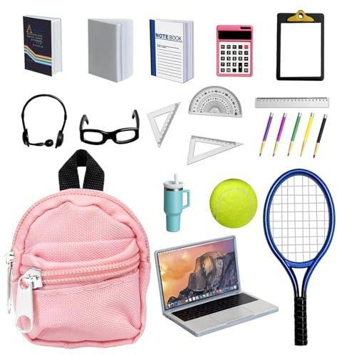 Golgner 22 Stück Miniatur Puppe Schule Set, Miniatur Puppenhaus Zubehör, Puppenhaus Schulzubehör, Miniatur Tennisschläger mit Ball, mit Rucksack Bücher Lineale Laptops Brille, für DIY Puppenhaus