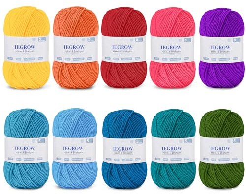 iEGrow Häkelgarn 500g (50g x 10 Farben), Acryl Garn zum Stricken, Garn zum Häkeln und Stricken, Handstrickgarn-Sets, Wolle Zum Stricken，Glänzend und hautfreundlich Yarn Set Für 4-6 mm Häkelnadeln 03