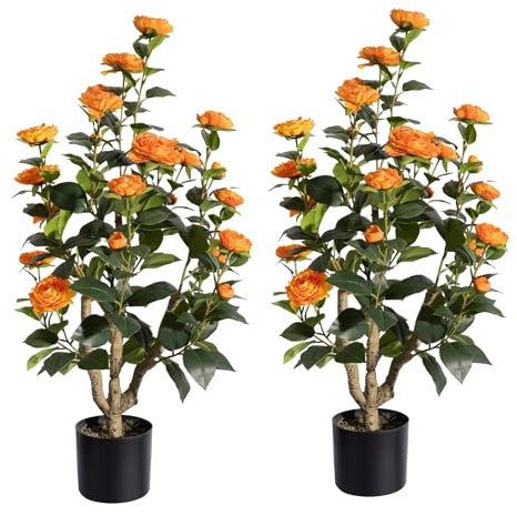 MARCH WIND 3FT Orange Yellow Artificial Camellia Plants 2 Pack with Pots, Faux Flowering Tree for Indoor Outdoor Home Decor, Tall Fake Potted Plant for Balcony, Patio, Living Room