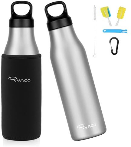 Ryaco Botella de agua de acero inoxidable, 600 ml, aislada al vacío, sin BPA, a prueba de fugas, termo, para deporte, fitness, viajes, exteriores, con mosquetón (plata)