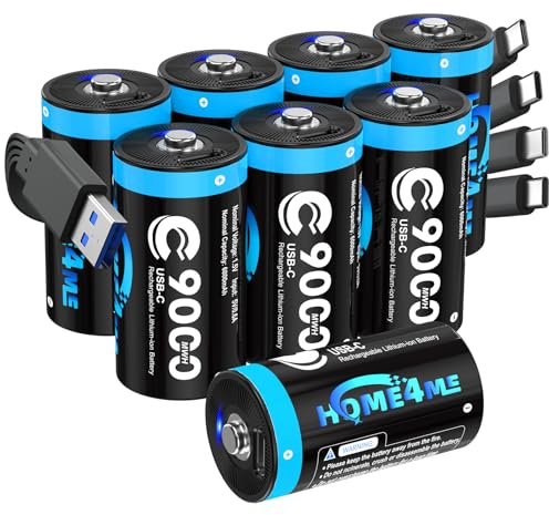 Home4me Rechargeable C Batteries 8 Pack, 9000mWh Lithium C Rechargeable Batteries, 1.5V C Cell Battery with 4 in 1 USB-C Charging Cable, for High Drain Devices Like Flashlights, Toys, Radios