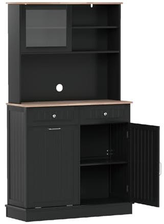 KOMFOTTEU Buffet Haut avec Support pour Poubelles, 100x34x172cm, Noir | Colonne de Cuisine avec 2 Tiroirs & 2 Armoires à Portes, Meuble Rangementd de Cuisine, Plan en Bois Massif