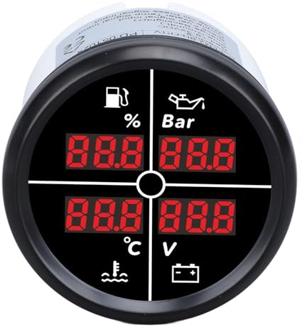 BONKZEBU 52 Mm IP67 Wasserdichtes 4-in-1-Digital-Multifunktionsmessgerät für Boots- und Wohnmobile mit Hintergrundbeleuchtung – Lünette aus Edelstahl 316L (81000330 Schwarze Lünette, schwarzes
