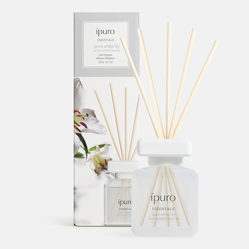 ipuro Essentials WHITE LILY Raumduft mit Stäbchen 100 ml - Raumerfrischer mit Pfirsich, Maiglöckchen, Jasmin, Nelke, weißem Moschus & Zedernholz Duft Aroma - Diffuser mit Stäbchen - Lufterfrischer