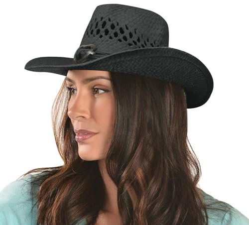 Chapeau de cowboy bohème avec cœur concho, paille Toyo naturelle, bord façonnable, noir, Taille unique