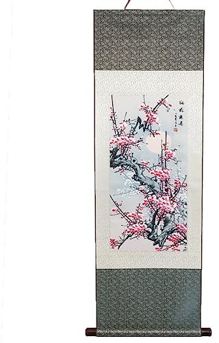 lachineuse - Kakemono Fleurs de Prunier - Tapisserie Murale - Décoration Japonaise à Suspendre - 120 x 38 cm - Symbole d'Espoir - Tableau Japonais Estampe - Coloris Gris - Idée Cadeau Japon Asie