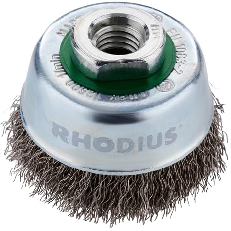 RHODIUS ETBW 1 St. Edelstahl Topfbürste, 65 mm, M14, für Winkelschleifer | Für Edelstahl, Stahl & NE-Metalle, schonendes Reinigen, große Flächen effizient bearbeiten, gewellter Edelstahldraht, TOPline