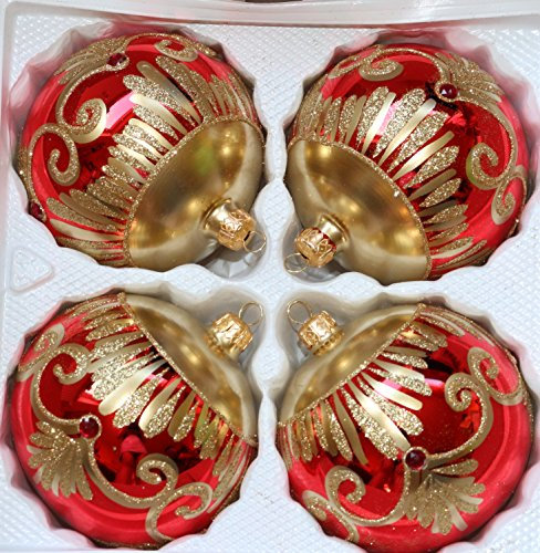 direkt-aus-polen Glänzende rot goldene Weihnachtskugeln mit golden glitzernden Applikationen und roten Steinen Durchmesser 10 cm 4er Set
