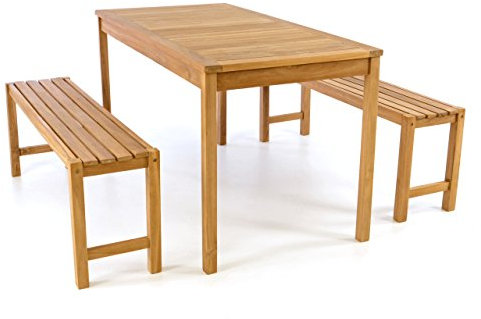 Divero 3 teilige Sitzgruppe BORKUM - 1 Tisch + 2 Bänke aus Teak-Holz, behandelt – Farbe: Braun