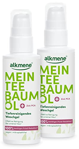 alkmene Mein Teebaumöl Waschgel Gesicht 2x 150 ml Pickel Reduktion 100% bestätigt - naturreines Teebaumöl, vegan & klimaneutral - Gesichtsreinigung für unreine Haut, Reinigungsgel Gesichtswaschgel