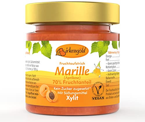 Birkengold Marillen Marmelade 200 g | Aprikosen Fruchtaufstrich ohne Zuckerzusatz | mit europäischem Xylit gesüßt | 70 % Fruchtanteil | mit Bio Früchten | vegan