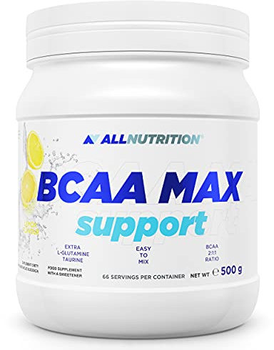ALLNUTRITION BCAA Max Support Pulver/Kapseln Komplex aus verzweigtkettigen Aminosäuren Glutamin Taurin Leucin Valin Isoleucin Muskelregeneration 500 g Zitrone