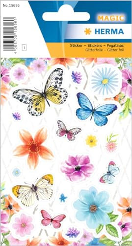 HERMA 15656 Aufkleber Blumen Glitzer klein groß, 19 Stück, Schmetterlinge Sticker mit Pflanzen Blüten Motiv, Kinder Etiketten für Fotoalbum Tagebuch Poesiealbum Scrapbooking Geburtstag Deko Briefe DIY