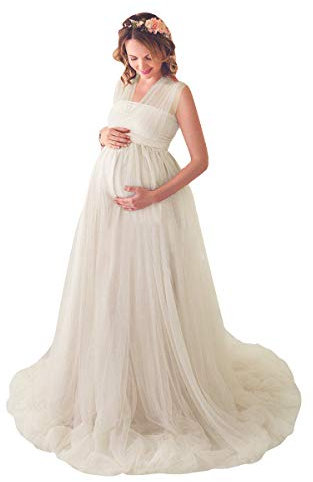 FYMNSI Robe de maternité pour femme enceinte - En tulle - Élégante - Support de photographie - Robe de soirée - Mode de grossesse - Pour séance photo, beige, L