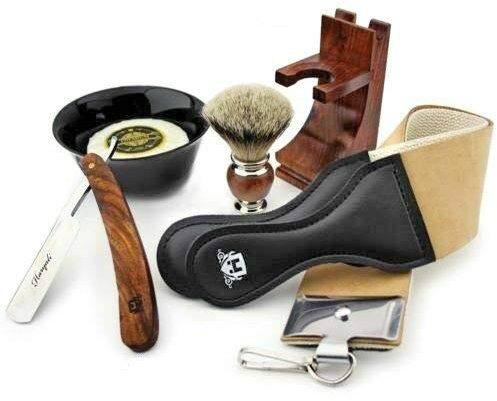 Rasierset für Herren – Professionelles Rasiermesser für Rasierer mit Dachshaarpinsel, Späneschale, Seife, Leder-Streichriemen und Pinselständer – 6-teiliges Holz-Rasierset