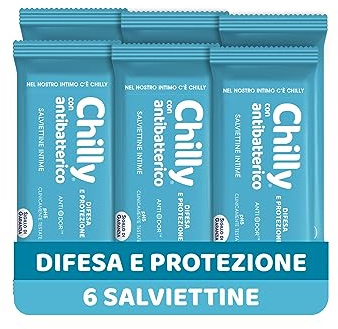 Chilly, Salviettine Intime Lenitivo, Sollievo dai fastidi intimi, con Bisabololo dalle proprietà dermocalmanti, pH 5, Clinicamente Testato, Tessuto 100% Biodegradabile, 6 Confezioni da 12 Salviettine
