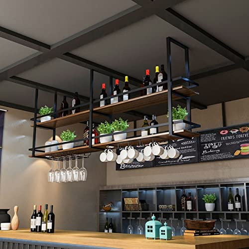 Deckenregal Weinregal - Hängend Weinglasregal mit Glashalter, 2 Schicht industrielle hängende Weinflaschenhalter, Wein Lagerung Display Regal für Home Bar Esszimmer Küche
