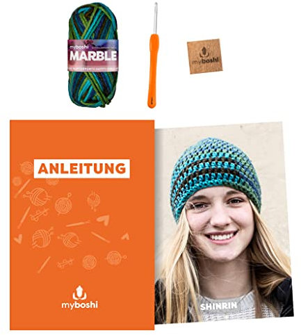 myboshi Häkelset Mütze Shinrin, inkl. Marble Wolle, Nadel und Anleitung, DIY-Paket, 30% Merinowolle Blau - Grace mit Häkelnadel