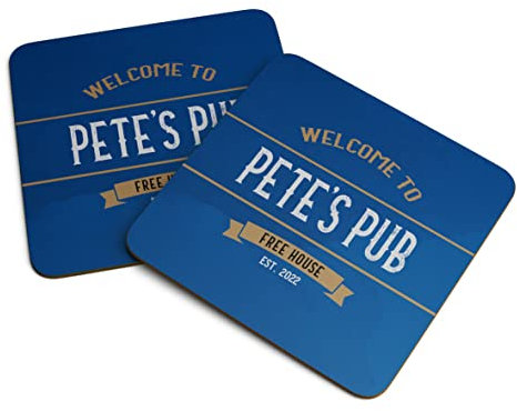 Home Bar Accessory Gift Set - Personalised Pub Design - Custom Name with Bar Mat, Bottle Opener and pack of 4 Coaster Option - Home Bar in a Box (2 Coasters)