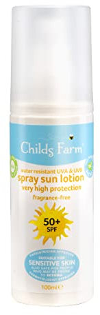 Childs Farm Lozione solare spray per bambini e neonati SPF 50plus Resistente all'acqua UVA e UVB Protezione molto alta Adatto per pelli secche, sensibili e soggette a eczema 100 ml