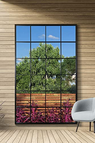 MirrorOutlet The Genestra - Black Modern Window Garden Full Length Garden Wall Mirror 69 X 43 (174CM X 110CM) Silver Mirror Glass with Black Metal Frame