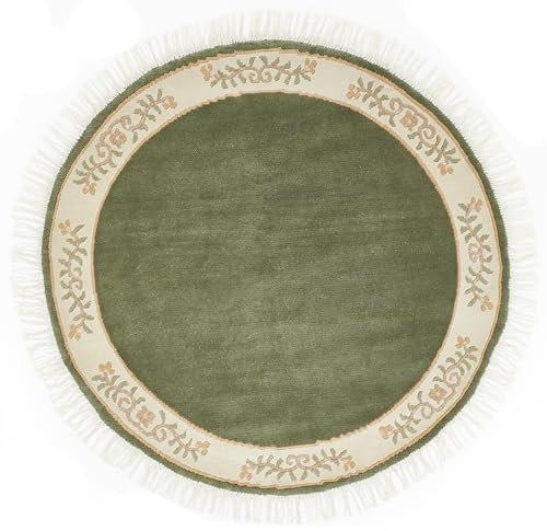 -LUXOR- living Teppich Gala handgeknüpfter Premium Teppich aus 100% Wolle - hochwertiger nachhaltiger Knüpfteppich 150 cm rund grün