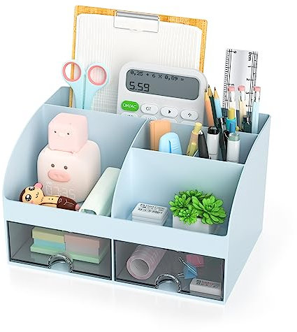 Smarpau Schreibtisch Organizer, Stiftehalter Schreibtisch Plastik Tisch Organizer mit Schublade, Multifunktionaler Büro Organizer für Zuhause Büro Badezimmer Schminktisch (Blau)