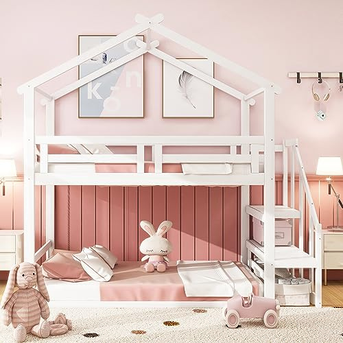 Moimhear Kinderbett 90 * 200cm, Niedriges Etagenbett mit Sicherheitstreppe, Etagenbettgestell aus Massivholz mit Lattenrost (weiß-1)