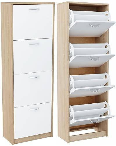 Meble Bestseller Schuhschrank, Kommode K025 mit 4 Türen (Breite 50 cm, Höhe 152 cm, Tiefe 28 cm) in Sonoma Eiche mit weißen