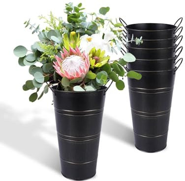 vensovo 12 Inch Galvanized Metal Vases for Flowers - 6 Pcs Farmhouse Decorative Tall Flower Bucket with Handles, Rustic French Tin Planter Buckets for Wedding Decor (Black)