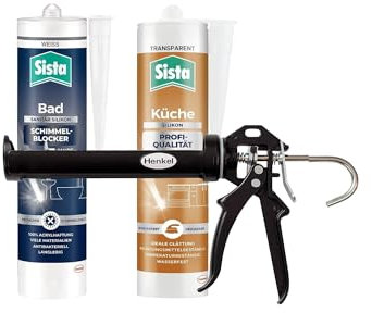 Sista Bad Schimmelblocker Silikon, antibakterielle, Weiß (1x280ml) & Sista Küche Profi-Qualität Silikon, Transparent (1x280ml) & Pattex Profi Metall Kartuschenpistole