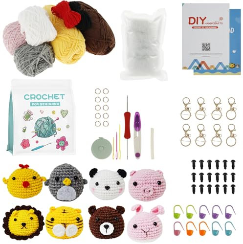 8 Stück Häkeln-Set für Anfänger Tiere Häkelnadel Anfänger Komplett Avec 8 Schlüsselanhänger Häkelnadel Kit für Anfänger Weihnachten zum Basteln Geschenk Entspannung Erwachsene Kinder