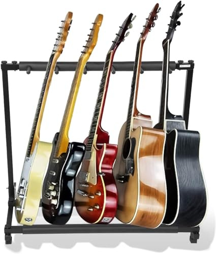 Yosoo Health Gear Gitarrenständer mit dicker Gummipolsterung und 5 Halterungen, universell, mehrfach faltbar, tragbar, Schwarz für klassische Akustik-, Elektro- und Bassband-Bühnen-Akustik-E-Gitarren